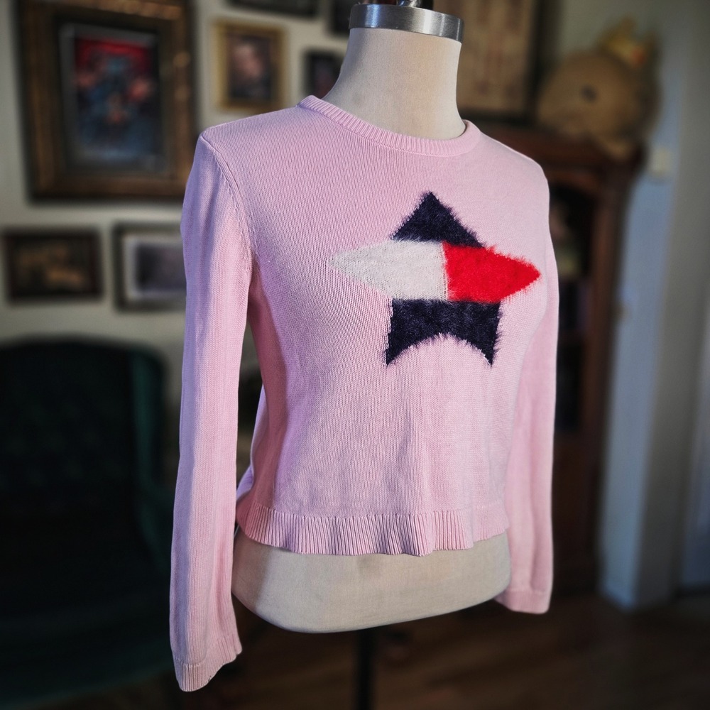 Tommy Hilfiger Kids Sweater Pink Star Knit Pullover Girls Size‎ L 12-14 Preppy